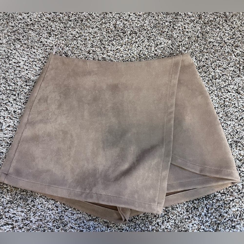 Faux Suede Mini Wrap Skort in Taupe